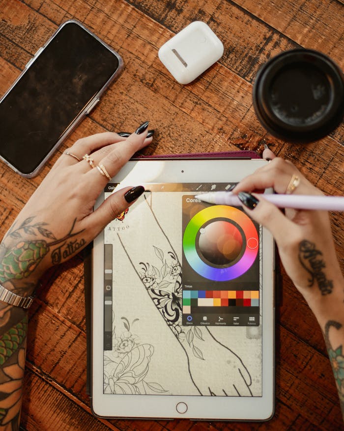 about-bg Tattooed hands using a tablet and stylus for digital art creation on wooden table.